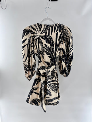 Eugenia Fernandez Tropical leaf print puff sleeve dress, S