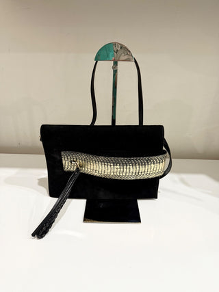 Elena Ghisellini Suede and Leather Flap Shoulder Handbag Black/Gold