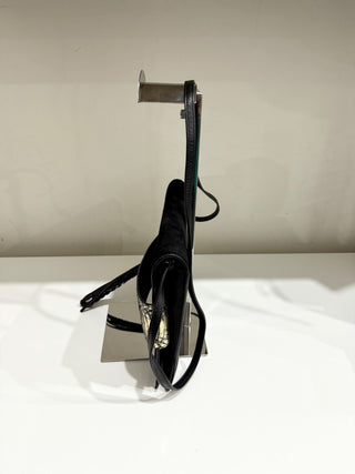 Elena Ghisellini Suede and Leather Flap Shoulder Handbag Black/Gold