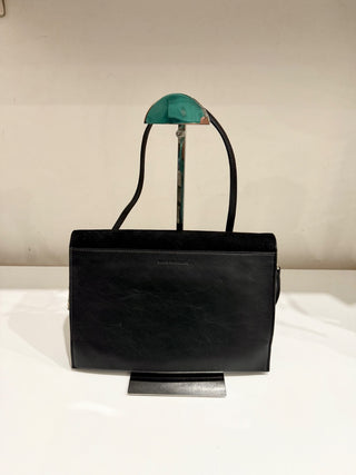 Elena Ghisellini Suede and Leather Flap Shoulder Handbag Black/Gold