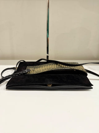 Elena Ghisellini Suede and Leather Flap Shoulder Handbag Black/Gold