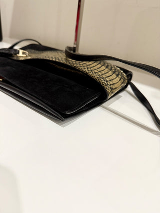 Elena Ghisellini Suede and Leather Flap Shoulder Handbag Black/Gold