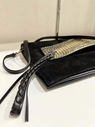 Elena Ghisellini Suede and Leather Flap Shoulder Handbag Black/Gold