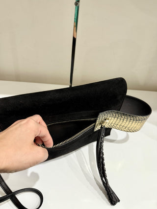 Elena Ghisellini Suede and Leather Flap Shoulder Handbag Black/Gold