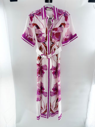 Nicholas Floral Print Short Sleeve Belted Long Shirt Dress White Pink Women's 4
