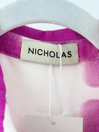 Nicholas Floral Print Short Sleeve Belted Long Shirt Dress White Pink Women's 4