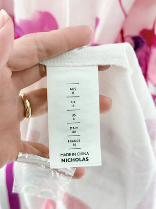 Nicholas Floral Print Short Sleeve Belted Long Shirt Dress White Pink Women's 4