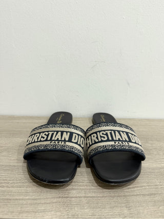 DIOR Dway Embroidered Cotton Flat Slides Sandals Black Women's Size 40 / US 10