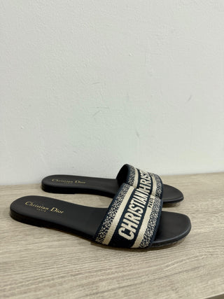 DIOR Dway Embroidered Cotton Flat Slides Sandals Black Women's Size 40 / US 10