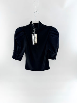 Alice & Olivia Black partial zip-up, puffed shoulders, XS