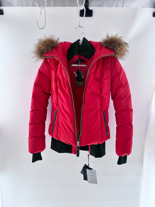 NWT Mackage Romane Long Sleeve Fur Hooded Bomber Down Jacket Red Women's XS