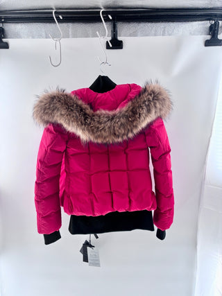 NWT Mackage Romane Long Sleeve Fur Hooded Bomber Down Jacket Red Women's XS