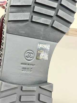 NWOT Chanel Quilted Patent Leather CC Pearl Mid-Calf Combat Boots Black EU 38.5