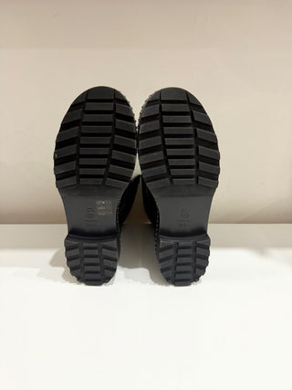 NWOT Chanel Quilted Patent Leather CC Pearl Mid-Calf Combat Boots Black EU 38.5