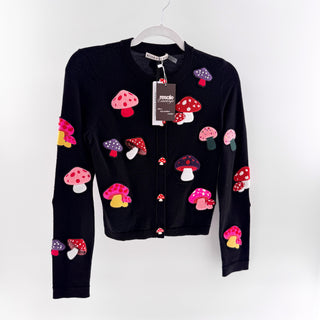 NWT Alice & Olivia Daroda Mushroom Long Sleeve Cardigan Sweater Black Multi XS