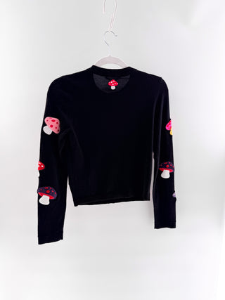 NWT Alice & Olivia Daroda Mushroom Long Sleeve Cardigan Sweater Black Multi XS
