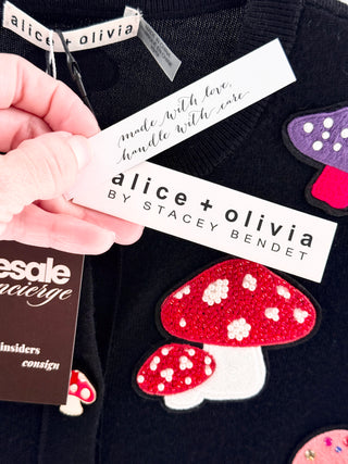 NWT Alice & Olivia Daroda Mushroom Long Sleeve Cardigan Sweater Black Multi XS