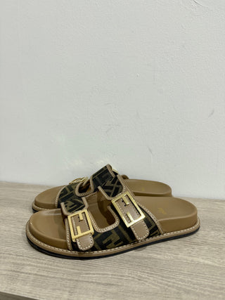 Fendi FF Fabric Logo Zucca Flat Slides Sandasls Brown Women's Size 40.5/US 10.5