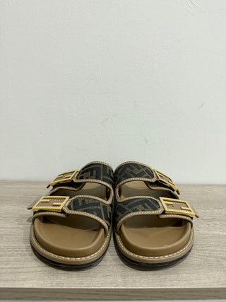 Fendi FF Fabric Logo Zucca Flat Slides Sandasls Brown Women's Size 40.5/US 10.5