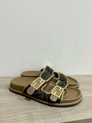 Fendi FF Fabric Logo Zucca Flat Slides Sandasls Brown Women's Size 40.5/US 10.5