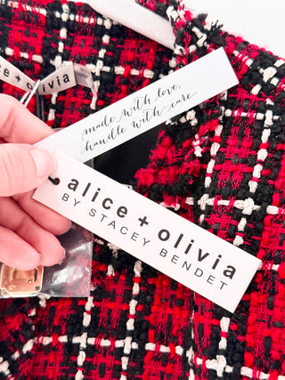 Alice & Olivia Mera Plaid Pleated Tweed Jacket & Mini Skirt, 6