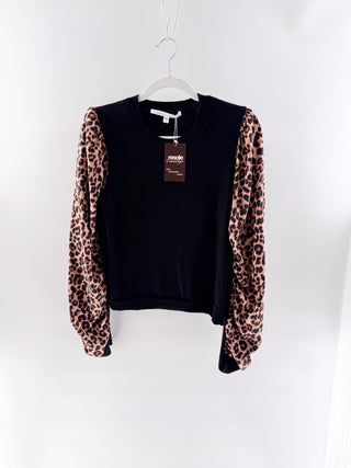 Veronica Beard Adler Black Leopard Sleeve Mixed Media Sweater, XL