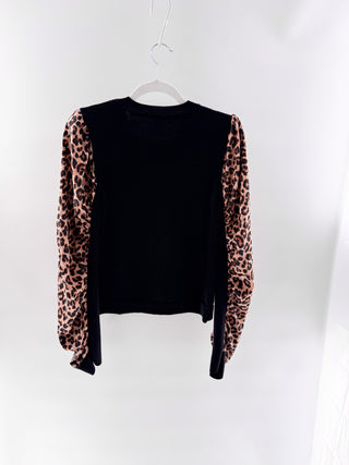 Veronica Beard Adler Black Leopard Sleeve Mixed Media Sweater, XL