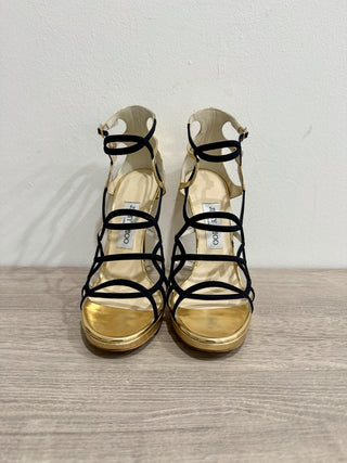 Jimmy Choo Bunting Caged Metallic Leather Strappy Heeled Sandals Black/Gold 39/9