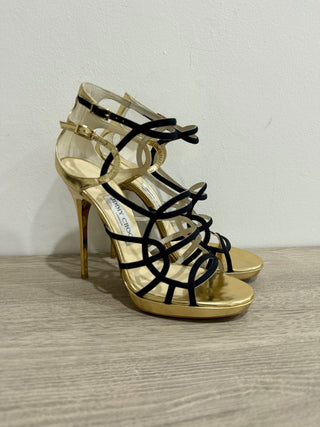 Jimmy Choo Bunting Caged Metallic Leather Strappy Heeled Sandals Black/Gold 39/9