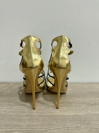 Jimmy Choo Bunting Caged Metallic Leather Strappy Heeled Sandals Black/Gold 39/9