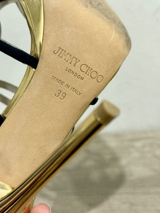 Jimmy Choo Bunting Caged Metallic Leather Strappy Heeled Sandals Black/Gold 39/9