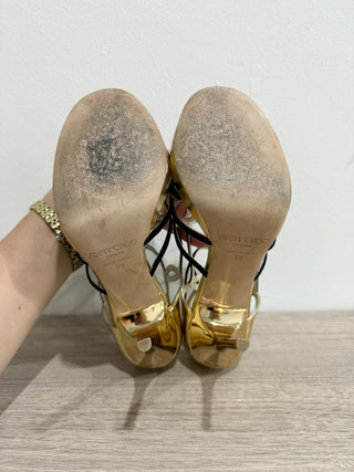 Jimmy Choo Bunting Caged Metallic Leather Strappy Heeled Sandals Black/Gold 39/9