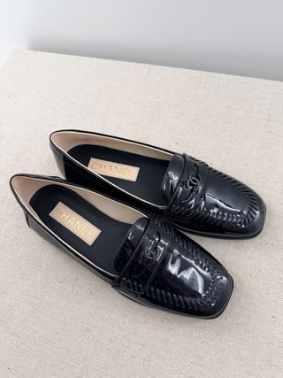 Chanel Patent Leather CC Slip On Mocassin Loafers Flat Black Women's Size EU 37