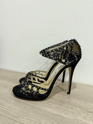Jimmy Choo Metallic Leather Crystal Embellished Cut Out Strappy Sandals Black 39/9