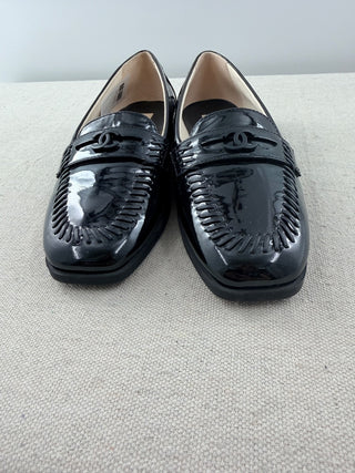 Chanel Patent Leather CC Slip On Mocassin Loafers Flat Black Women's Size EU 37