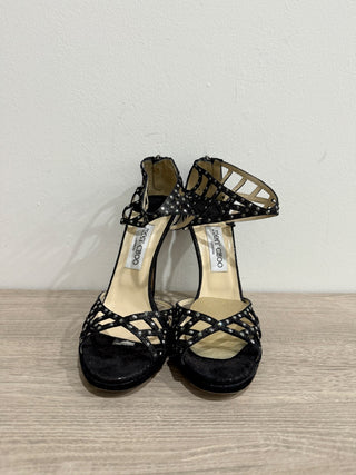 Jimmy Choo Metallic Leather Crystal Embellished Cut Out Strappy Sandals Black 39/9