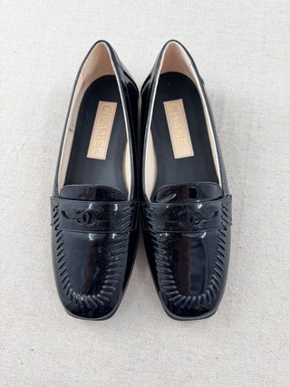 Chanel Patent Leather CC Slip On Mocassin Loafers Flat Black Women's Size EU 37