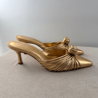 NWOT Larroude Valerie Metallic Leather Pointed Toe Mid-Heel Mules Gold Womens 10