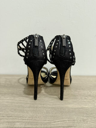 Jimmy Choo Metallic Leather Crystal Embellished Cut Out Strappy Sandals Black 39/9