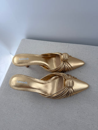 NWOT Larroude Valerie Metallic Leather Pointed Toe Mid-Heel Mules Gold Womens 10