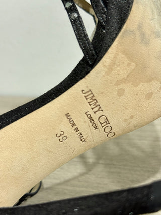 Jimmy Choo Metallic Leather Crystal Embellished Cut Out Strappy Sandals Black 39/9