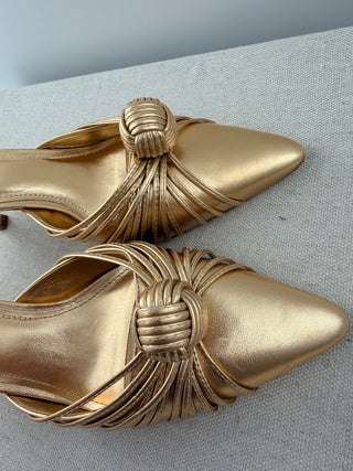 NWOT Larroude Valerie Metallic Leather Pointed Toe Mid-Heel Mules Gold Womens 10