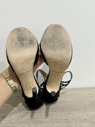 Jimmy Choo Metallic Leather Crystal Embellished Cut Out Strappy Sandals Black 39/9