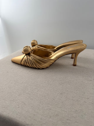NWOT Larroude Valerie Metallic Leather Pointed Toe Mid-Heel Mules Gold Womens 10