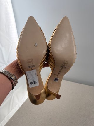 NWOT Larroude Valerie Metallic Leather Pointed Toe Mid-Heel Mules Gold Womens 10