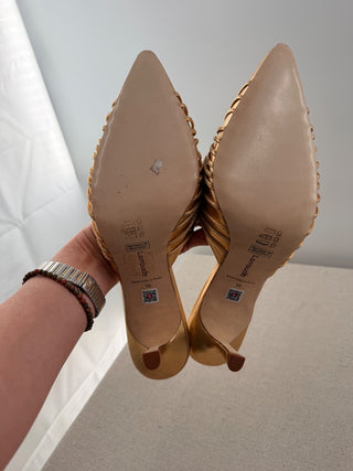 NWOT Larroude Valerie Metallic Leather Pointed Toe Mid-Heel Mules Gold Womens 10