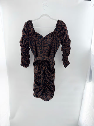 Nicholas Leopard Print Off-the-Shoulder Ruched Bodycon Mini Dress Brown Black 6