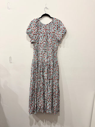 J. Crew Elena Floral Crepe De Chine Puff-Sleeve A-LIne Midi Dress White Multi M