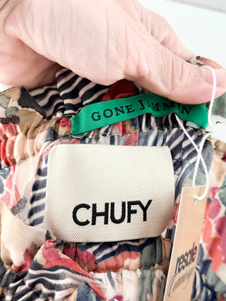 Chufy Jimmy Abstract Printed Button-Front Maxi Sundress Blue Pink Womens Small