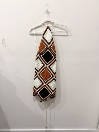 My Beachy Side Crochet Diamond Halter Neck Mini Dress Brown/White/Black Womens L